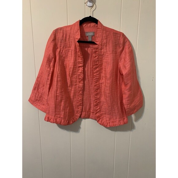 CHICOS Size 0 Womens Small S Linen Blend Top Ruffle Trim Jacket Coral Crinkle - Picture 2 of 7